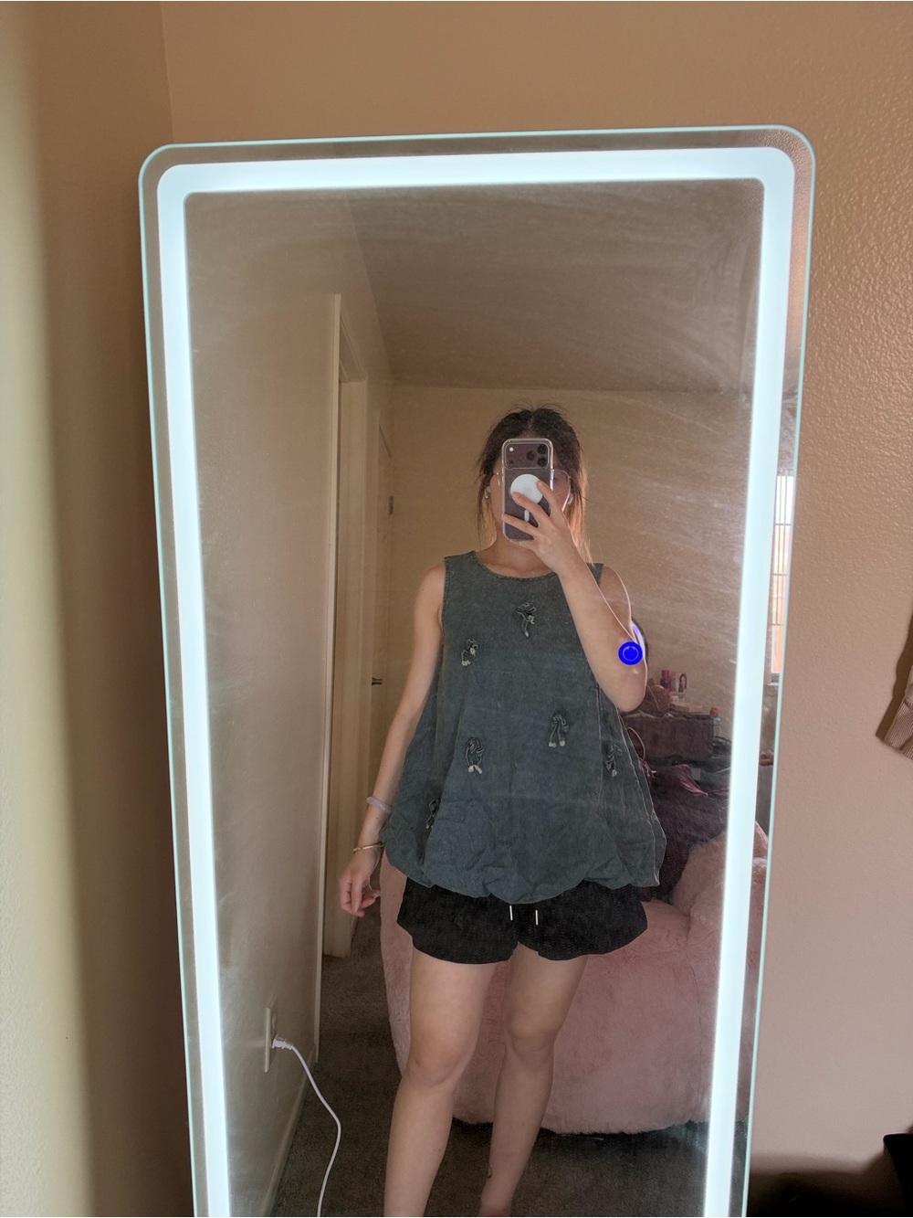 Set of Sleeveless Embroidered Swing Tank Top and Black Drawstring Short